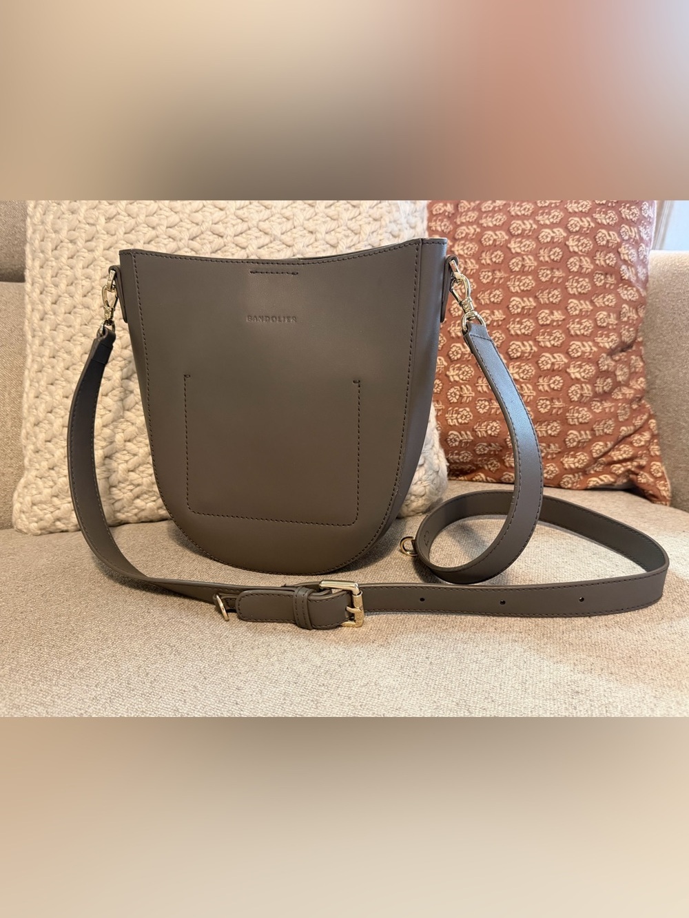 Bandolier Taupe Gray Leather Crossbody Bag